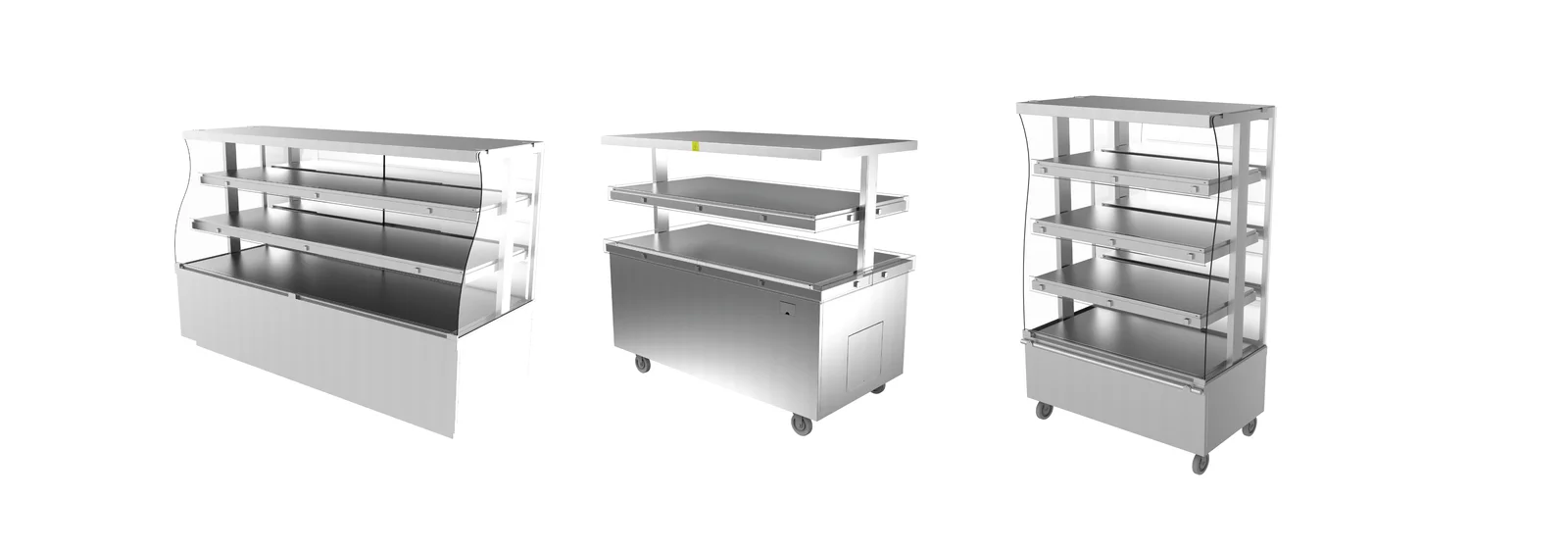 Franesse commercial rotisserie chicken warmers lineup — open-air and island display models